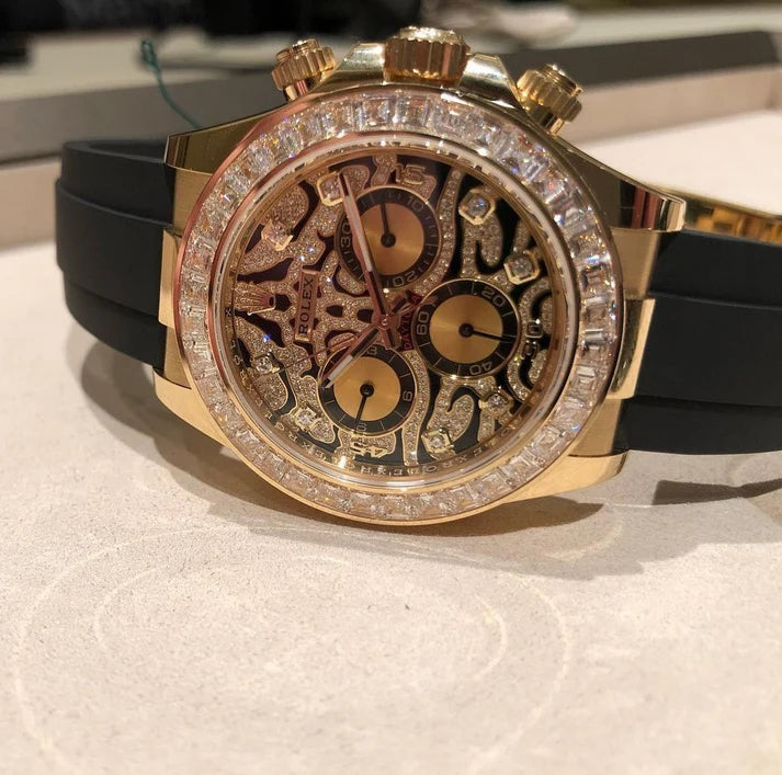 Rolex Cosmograph Rose Gold Color Case and Designer Dial Daytona Chronograph Quartz Chronometer Diamond Men's Watch - EYE OF THE TIGER TIGER-R-1166